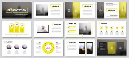 yellow presentation templates element with white background. infographics with laptop and smartphone mockup vector. can be used for presentation slide, corporate report, business, annual report. vector
