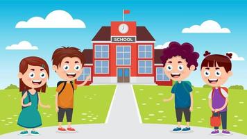 welcome back to school, kids in front of school cartoon vector illustration