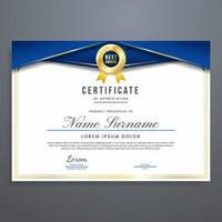 vector de plantilla de diseño de certificado con colores azul y dorado, multipropósito, puede usarse para reconocimiento, asistencia, diploma, etc.