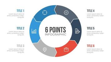 6 points circle infographic element vector with arrows, can be used for workflow, steps, options, list, processes, presentation slide, report, etc.
