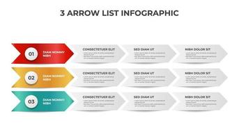 3 list of arrow process diagram with bullets and points, infographic element template vector