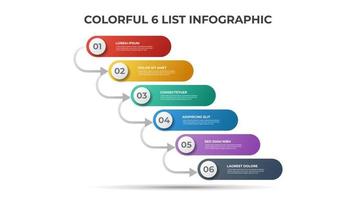 6 puntos de lista o diagrama de pasos con flechas, vector de plantilla de elemento infográfico.