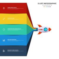 List diagram with 5 points of steps, sequence, colorful rocket launch startup, infographic element template vector. vector