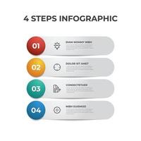 Lista de 4 filas de pasos, diagrama de diseño con número de secuencias e iconos, plantilla de elementos infográficos vector