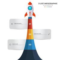 diagrama de lista con 3 puntos numéricos de paso, secuencia, inicio de lanzamiento de cohete colorido, vector de plantilla de elemento infográfico.