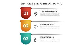 colorido diagrama de 3 puntos de pasos con diseño simple, vector de plantilla infográfica.