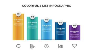 Descending list diagram with 5 points of steps, infographic element layout template vector