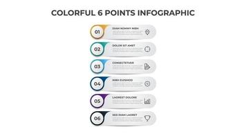 Colorful list diagram with 6 points of steps, infographic element template vector. vector