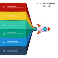 List diagram with 6 points of steps, sequence, colorful rocket launch startup, infographic element template vector. vector