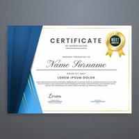 plantilla de certificado multipropósito azul y dorado con insignia dorada, borde de certificado moderno y lujoso o vector de marco
