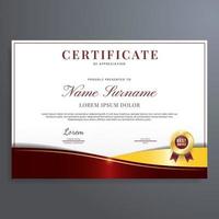 Red and gold certificate of appreciation template, modern luxury border certificate design with gold badge. vector