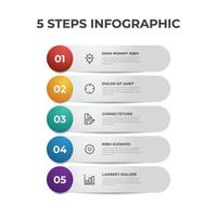 Lista de 5 filas de pasos, diagrama de diseño con número de secuencias e iconos, plantilla de elementos infográficos vector