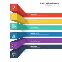 Diagrama de 6 puntos de pasos, diseño de lista 3d, vector de plantilla de elemento infográfico con iconos