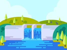 Front view of hydro power plant building with beautiful landscape, dam with opened water gate, water flowing from dam, vector illustration.