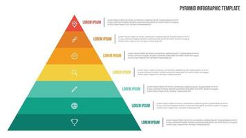 Pyramid list infographic template vector with 7 points and icons. Use to show proportional, interconnected, or hierarchical relationships. Use for presentation slide, banner, brochure, flyer.