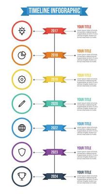 Data visualization, vertical timeline infographic template vector with 6 points of years, titles, descriptions, and icons. business company milestones template. annual report.