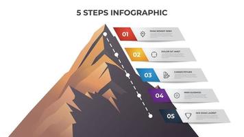 plantilla de elemento infográfico con 5 pasos, lista, viñeta, opciones, diagrama de línea de tiempo con vector de montaña