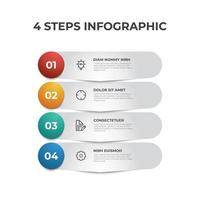 Diagrama de 4 listas, diseño de fila vertical de pasos con número de secuencia e iconos, plantilla de elemento infográfico vector