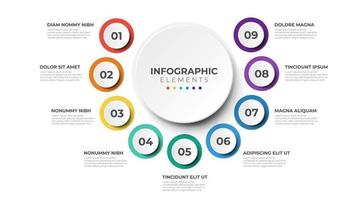 9 list of steps, circular layout diagram with number of sequence, infographic element template vector