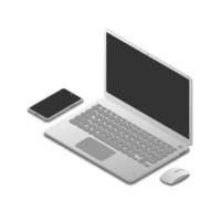 conjunto de computadora portátil, teléfono inteligente y mouse en vista isométrica, ilustración vectorial aislada en fondo blanco vector