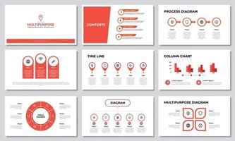 Red multipurpose presentation template with list, options, steps, timeline, workflow, graph, diagram. Business infographic, layout for slide, brochure, banner, annual report, advertising, marketing vector