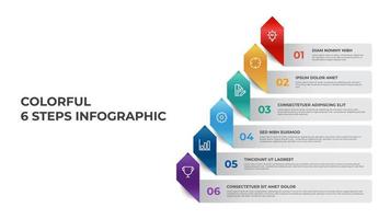 Business infographic element template vector with 6 points of steps, row list diagram layout with arrows, data visualization chart.