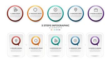 5 list of steps, horizontal sequence with icon and number, infographic element template layout diagram vector
