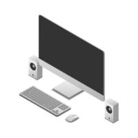 set of pc computer, monitor, keyboard, speaker, and mouse in isometric view, vector illustration isolated on white background