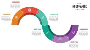 6 steps infographic template vector with icons, wave shaped layout, use for workflow, timeline, processes, banner, brochure, pamphlet, flyer, etc