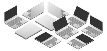 set of opened and closed laptop in isometric view with different angle and position, vector illustration isolated on white background