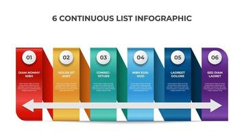 diagrama de lista continua con 6 puntos, vector de plantilla de diseño de elementos infográficos