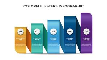 coloridos 5 puntos de pasos con diseño de diseño de lista de escaleras, vector de plantilla de elemento infográfico