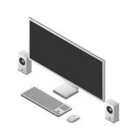 set of pc computer, monitor, keyboard, speaker, and mouse in isometric view, vector illustration isolated on white background