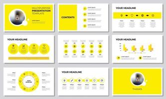 Yellow multipurpose presentation template with list, options, steps, timeline, workflow, graph, diagram. Business infographic, layout for slide, brochure, banner, annual report, advertising, marketing vector