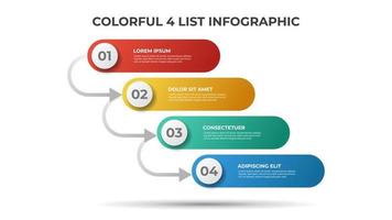 4 puntos de lista o diagrama de pasos con flechas, vector de plantilla de elemento infográfico.