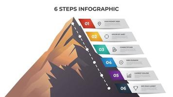 plantilla de elemento infográfico con 6 pasos, lista, viñeta, opciones, diagrama de línea de tiempo con vector de montaña