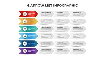 6 points of process arrow, list diagram for presentation, infographic element template vector