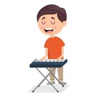 little boy playing piano, young pianist on performance, cartoon vector illustration on white background