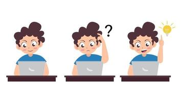 boy use laptop with different poses, confused, and getting idea while using laptop, cartoon vector illustration