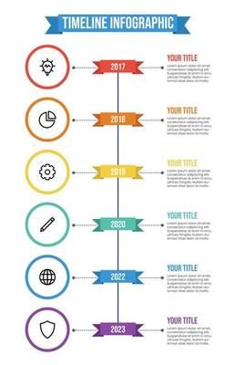 Data visualization, vertical timeline infographic template vector with 6 points of years, titles, descriptions, and icons. business company milestones template. annual report.