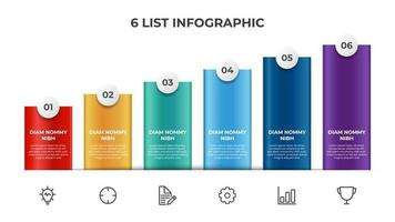 Ascending block list with 6 points, infographic element template with steps diagram vector