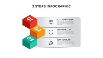 Diagrama de lista de 3 pasos, diseño de fila con secuencia de números isométricos, vector de plantilla de elemento infográfico