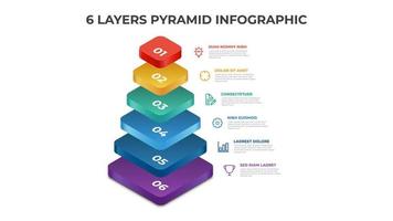 plantilla infográfica piramidal con 6 capas, lista, opciones, pasos, vector de diseño.