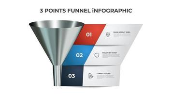 diagrama infográfico de embudo, elemento de gráfico con 3 puntos, lista, opciones, puede usarse para presentación, marketing digital, ventas, etc. vector