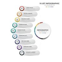 9 puntos de pasos, diagrama de lista circular, vector de plantilla de diseño de elementos infográficos con iconos