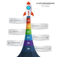 diagrama de lista con 6 puntos numéricos de paso, secuencia, inicio de lanzamiento de cohete colorido, vector de plantilla de elemento infográfico.