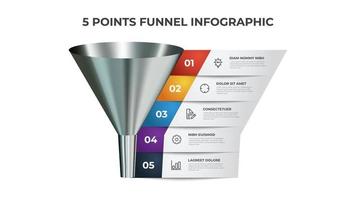 Funnel infographic diagram, chart element with 5 points, list, options, can be used for presentation, digital marketing, sales, etc. vector