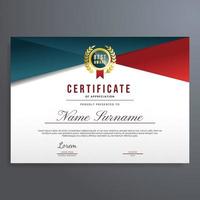 vector de plantilla de diseño de certificado, borde de certificado multipropósito con distintivo azul oscuro, rojo y dorado, se puede utilizar para reconocimiento, diploma, finalización, logro, etc.