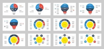 conjunto de vectores de elementos infográficos de bombilla, visualización de datos con 3, 4, 5, 6 puntos, pasos, opciones, lista, procesos, puede usarse para flujo de trabajo, diapositiva de presentación, folleto, pancarta, volante, etc.