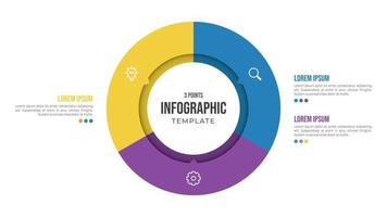 Plantilla de elemento de infografía circular de 3 puntos con iconos y estilo plano colorido, se puede usar para diapositiva de presentación vector